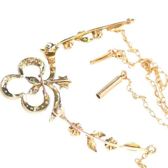 Antique 10k Seed Pearl Hinged Gold Lavalier Star Floral Clover Design Necklace - Picture 8 of 11